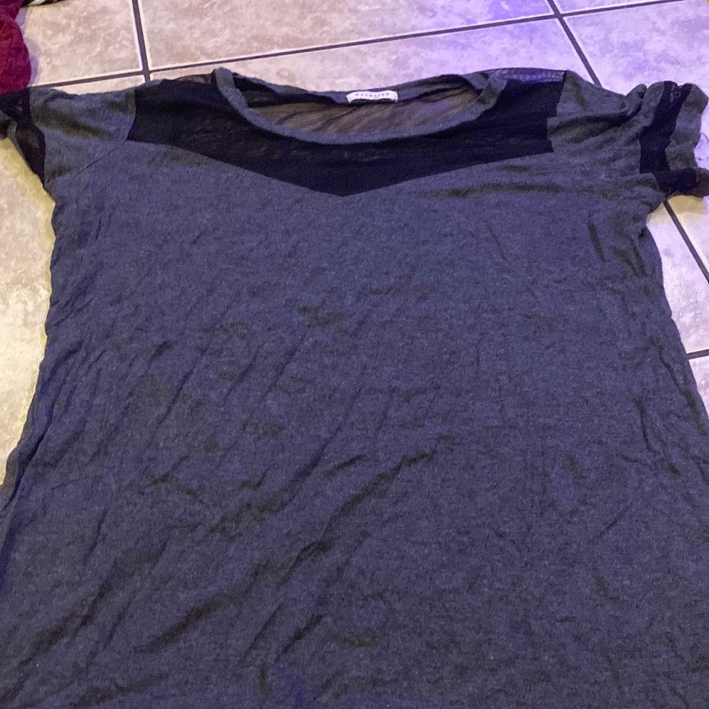 Dark grey short sleeve shirt with see through shoulder/chest area.